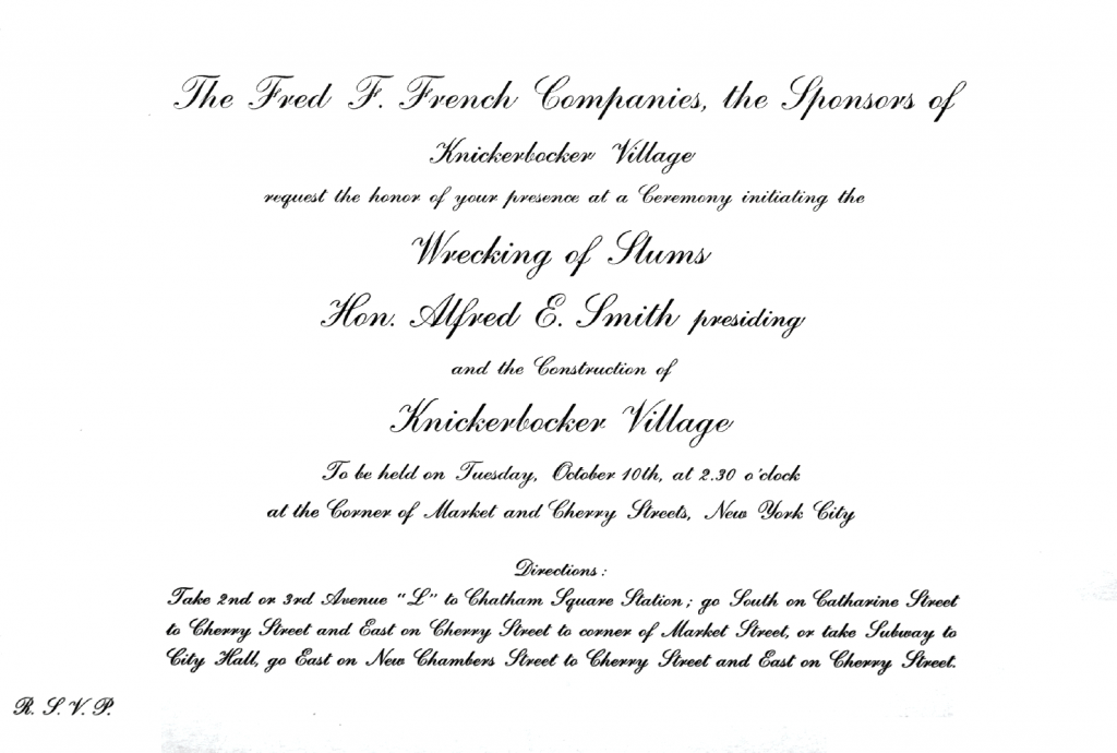 Invitation to the opening ceremony of Knickerbocker Village, by the Fred F. French Companies, October 1934. Fred F. French Companies Records, New York Public Library.