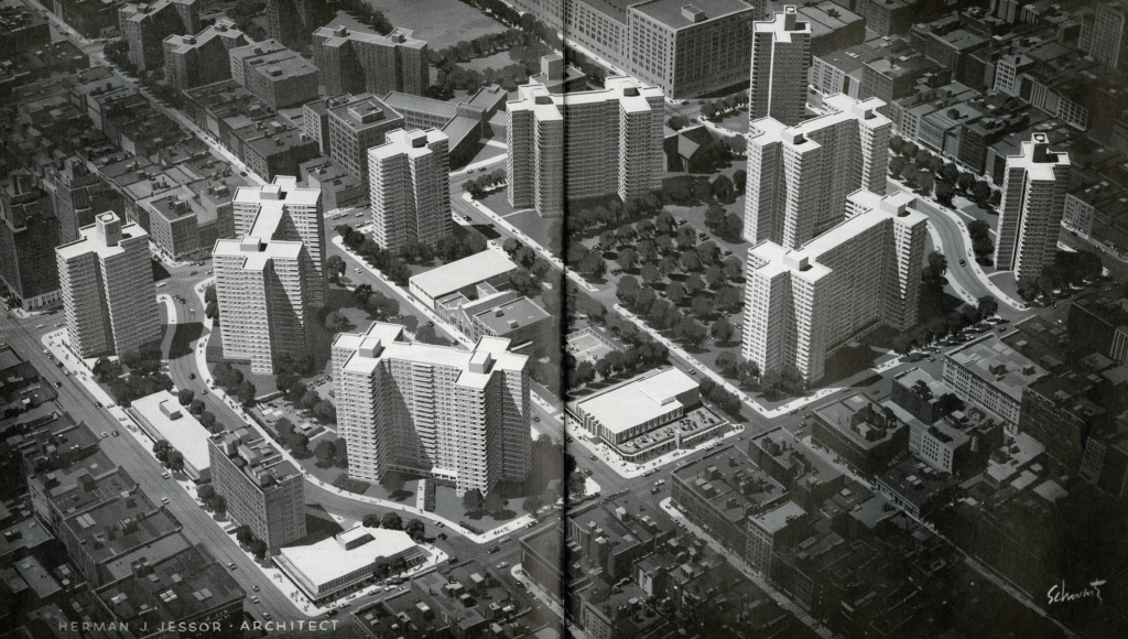 Rendering of the Penn South project, by architect Herman J. Jessor. Included in the report for the Penn South slum clearance plan under Title I, 1957. Courtesy of Andrew Alpern.