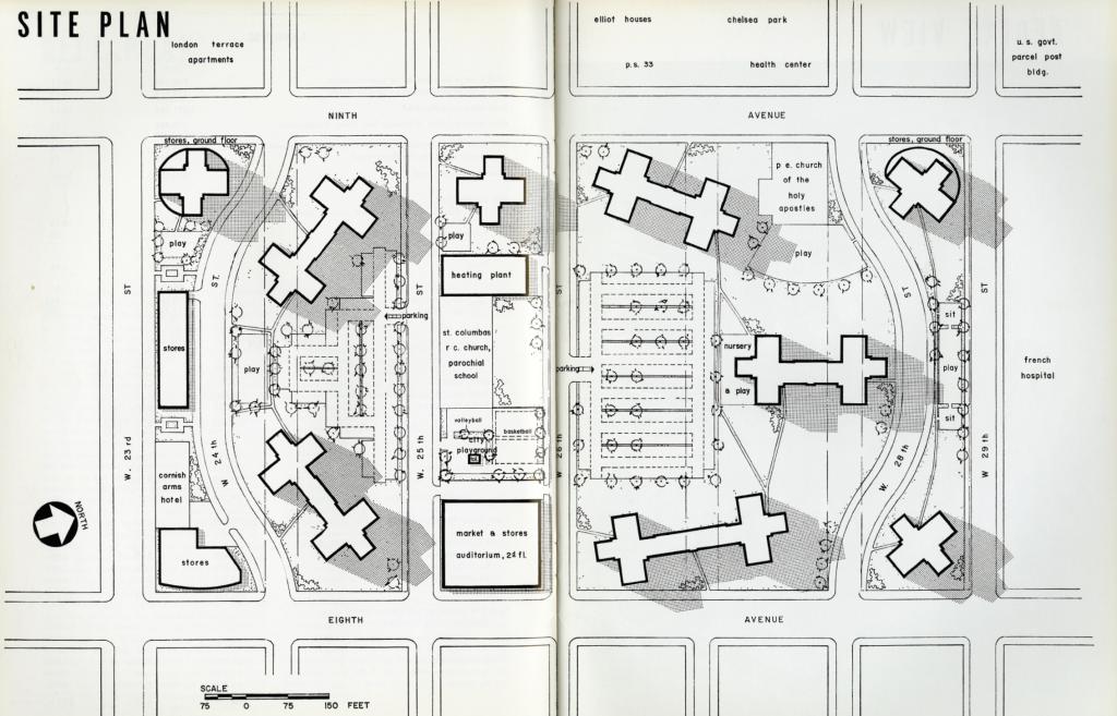 Site plan of the Penn South project, by architect Herman J. Jessor. Included in the report for the Penn South slum clearance plan under Title I, 1957. Courtesy of Andrew Alpern.
