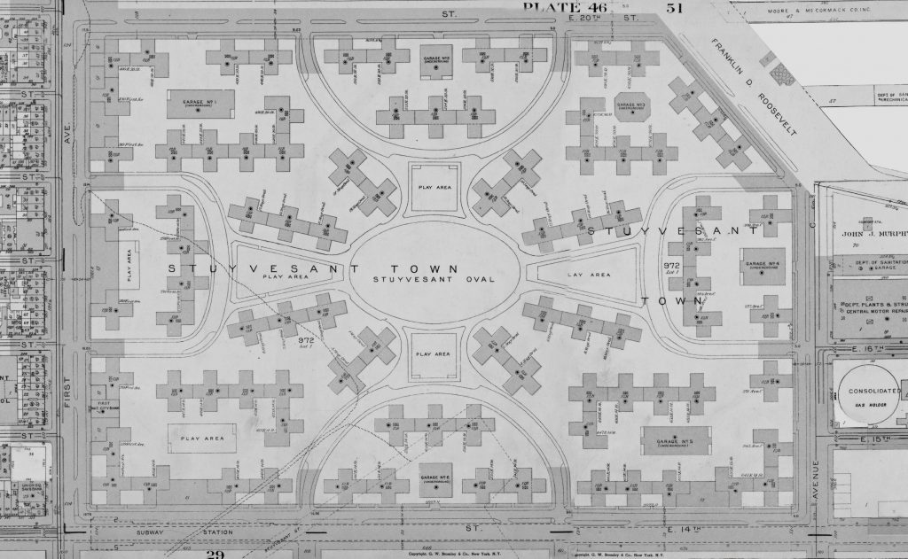 Site plan of Stuyvesant Town, extracted from the 1955 edition of the G.W. Bromley & Co fire insurance map, 1955. The New York Public Library. 