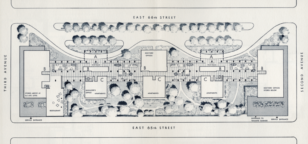 Manhattan House ground floor, showing the gardens around the building and the modification of East 66th Street. Drawing included in a Manhattan House official prospectus, c.1950. The Skyscraper Museum.