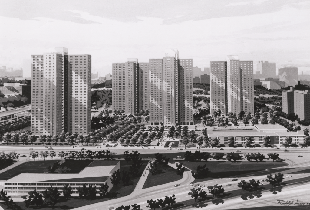 Polo Grounds Towers (1968), designed by Ballard Todd Associates. Rendering by Rudolf Associates, c.1970. NYCHA Collection, La Guardia and Wagner Archives, LAGCC, CUNY.