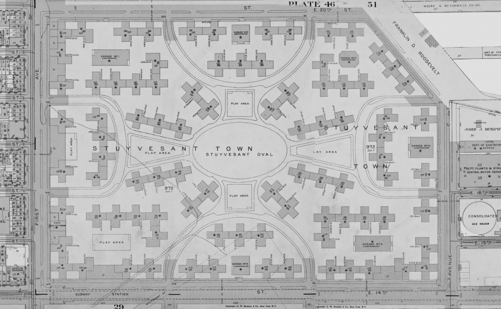 Site plan of Stuyvesant Town, extracted from the 1955 edition of the G.W. Bromley & Co fire insurance map, 1955. The New York Public Library.