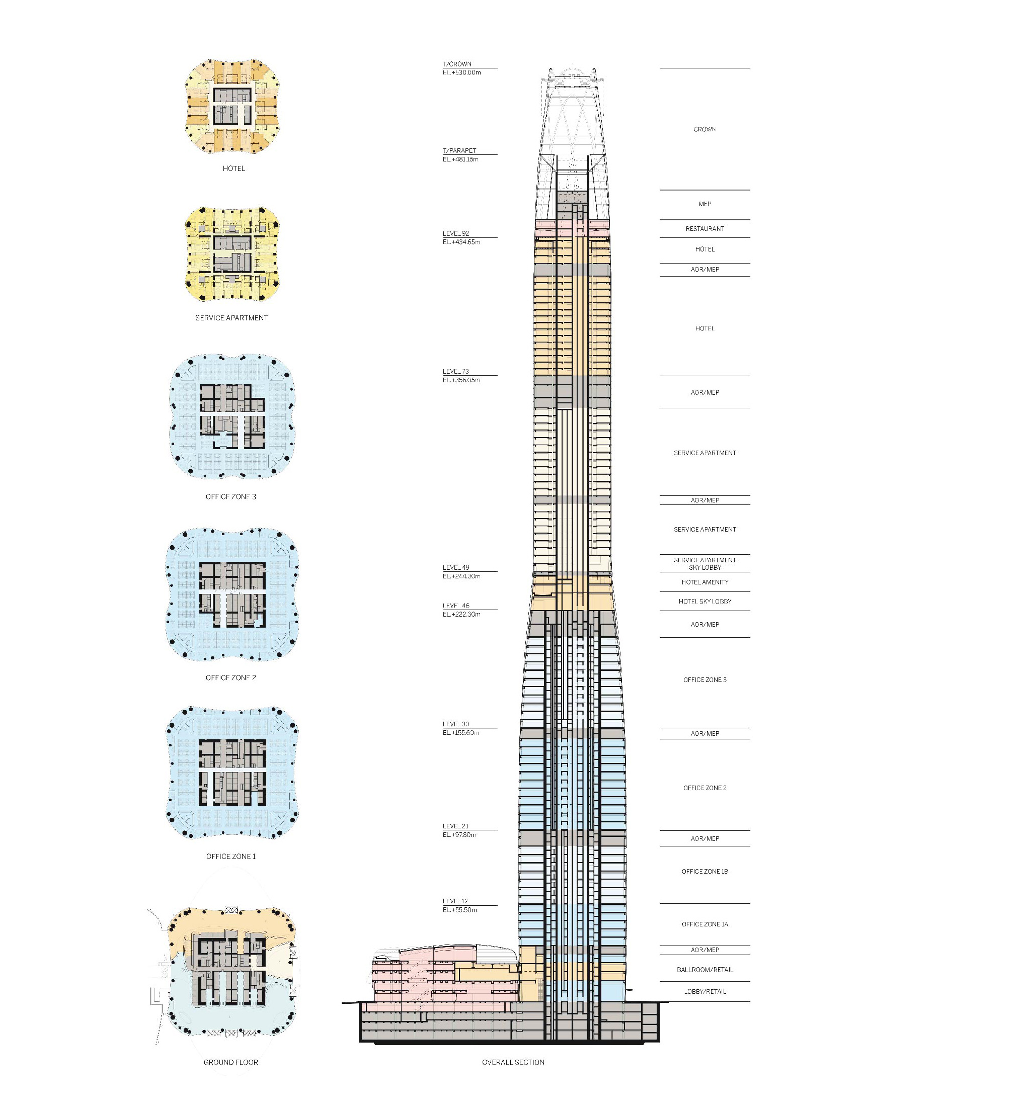 Floor plans and section. SOM