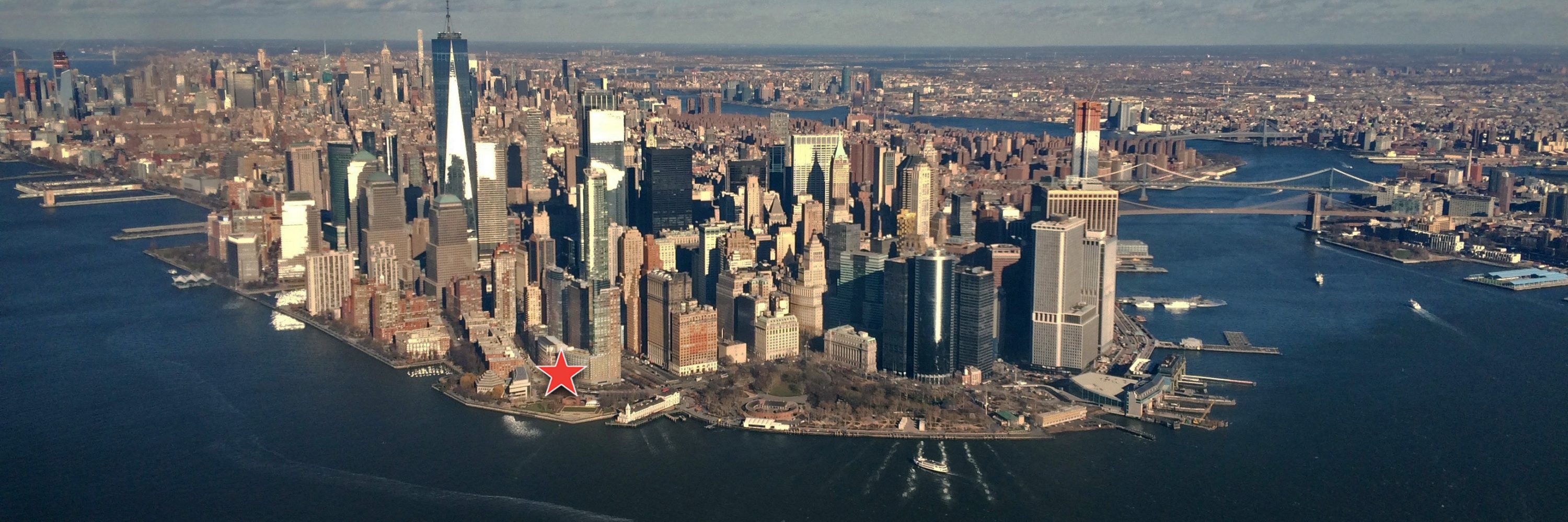 Aerial photo of Lower Manhattan and the location of the Skyscraper Museum on 39 Battery Place
